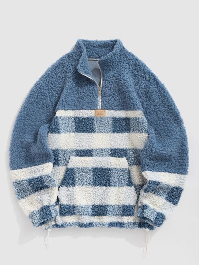 Men's Plaid Colorblock Quarter Zip Fuzzy Fluffy Sherpa Fleece